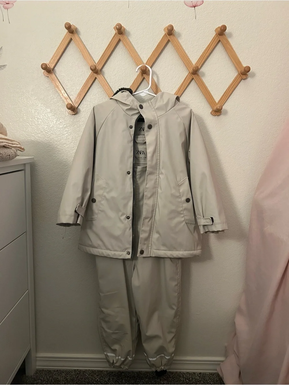 Zara Kids Light Cream Hooded Raincoat and Pants Set